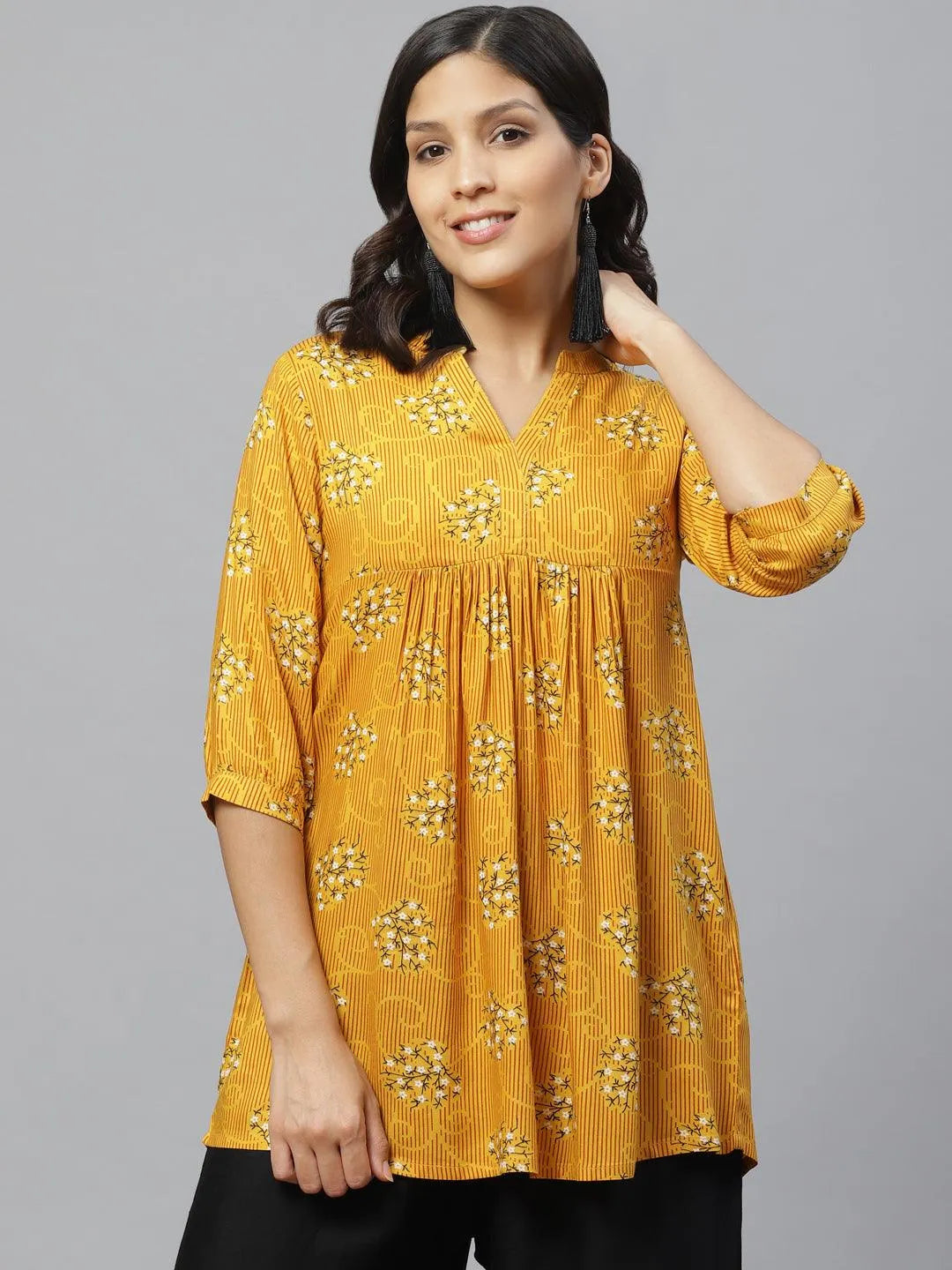 Yellow Printed Rayon Kurti - Jashvi