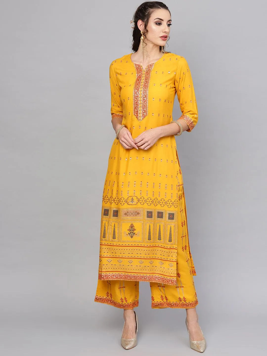 Yellow Printed Rayon Kurta Set - Jashvi