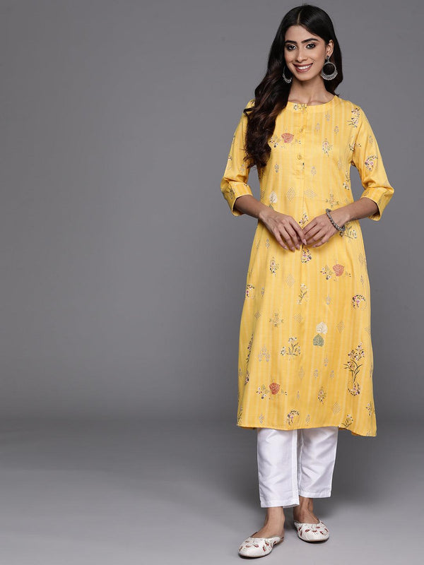 Yellow Printed Silk A-Line Kurta - Jashvi