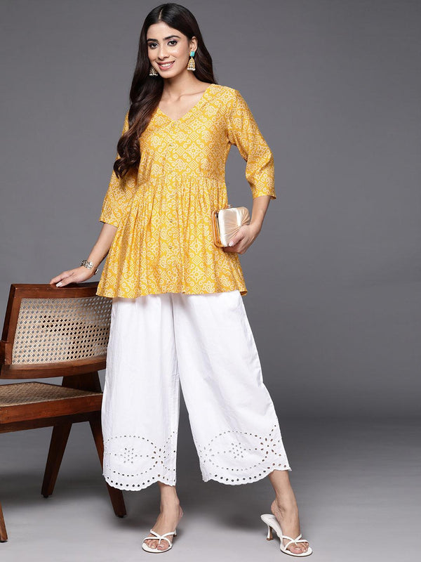 Yellow Printed Silk Blend A-Line Kurti - Jashvi