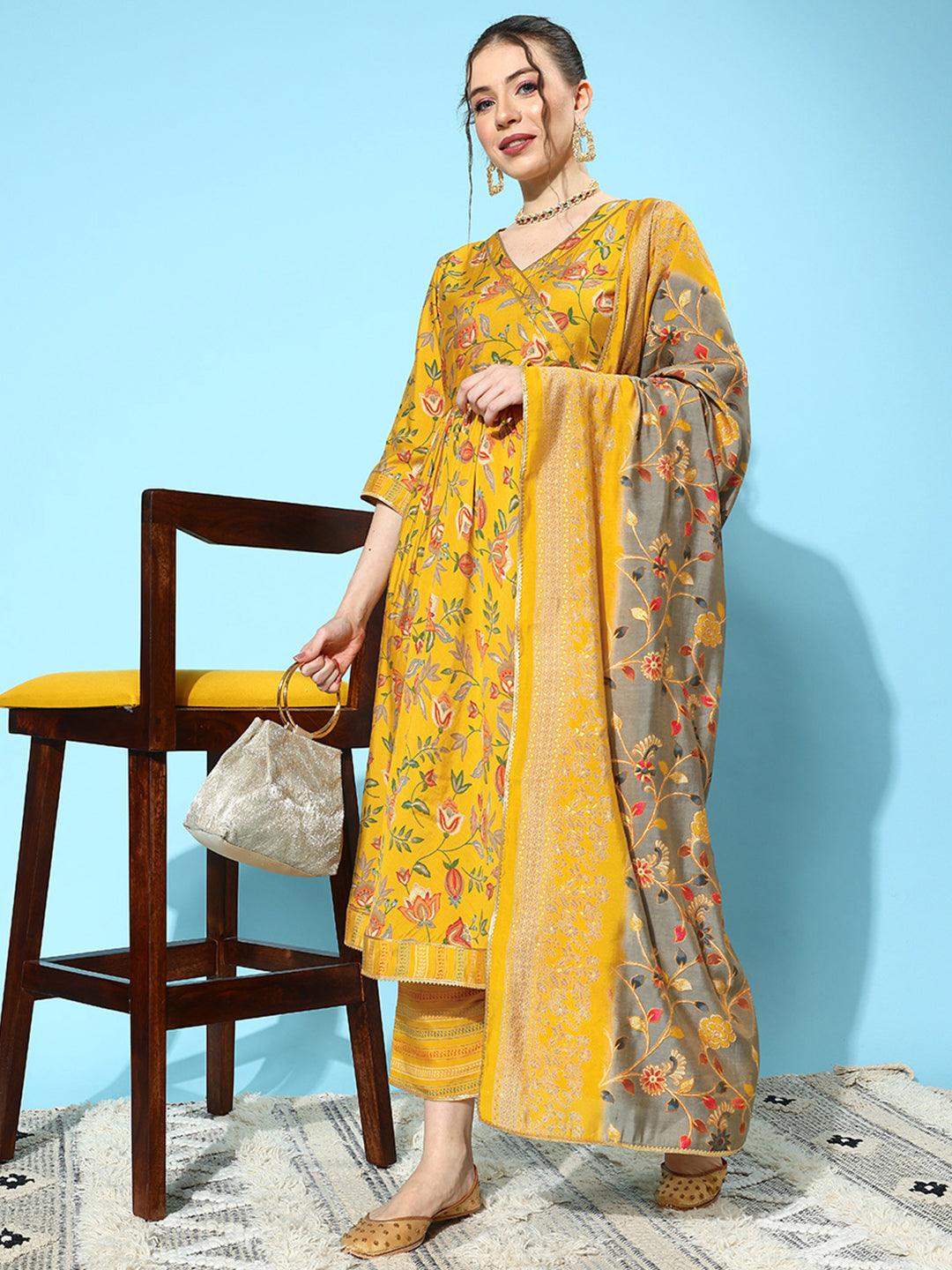 Yellow Printed Silk Blend Anarkali Kurta With Trousers & Dupatta - Jashvi