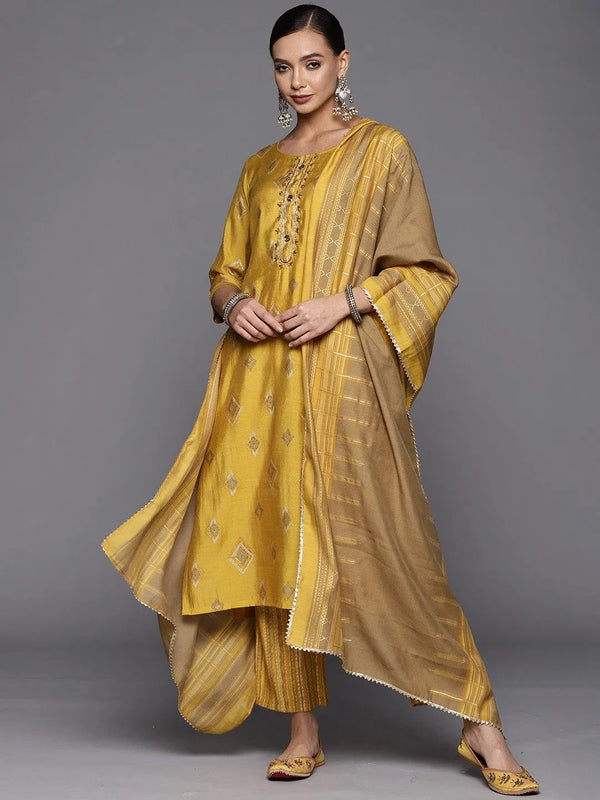 Yellow Printed Silk Blend Straight Suit Set - Jashvi