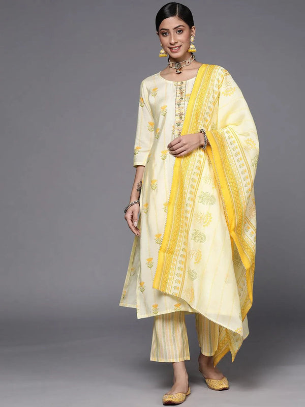 Yellow Printed Silk Blend Straight Suit Set - Jashvi