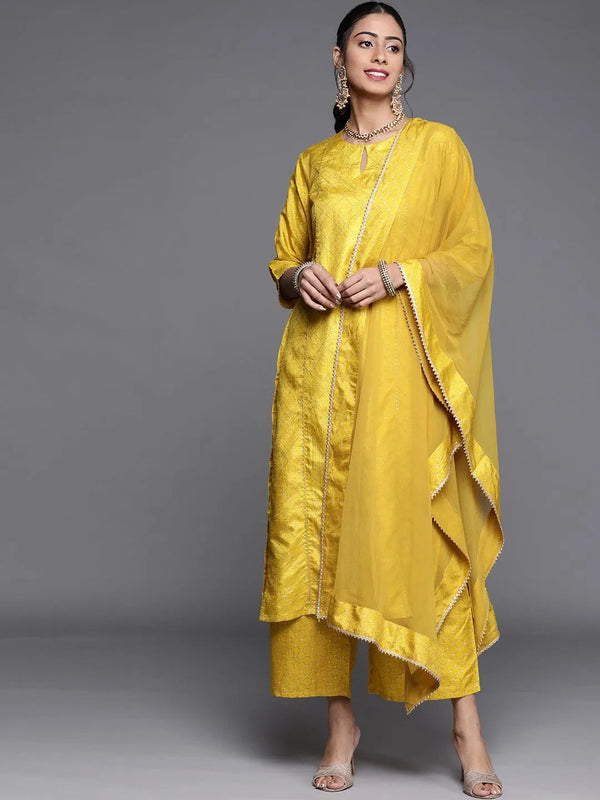 Yellow Printed Silk Blend Suit Set - Jashvi