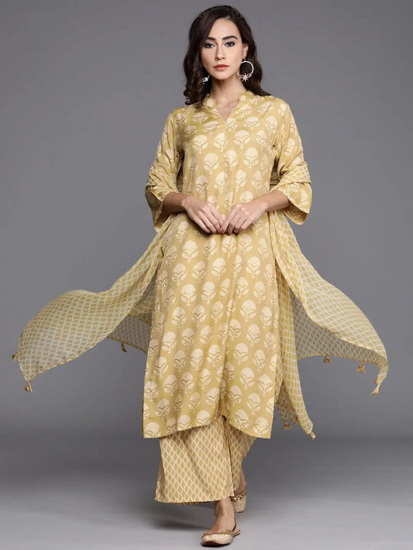 Yellow Printed Silk Blend Suit Set - Jashvi