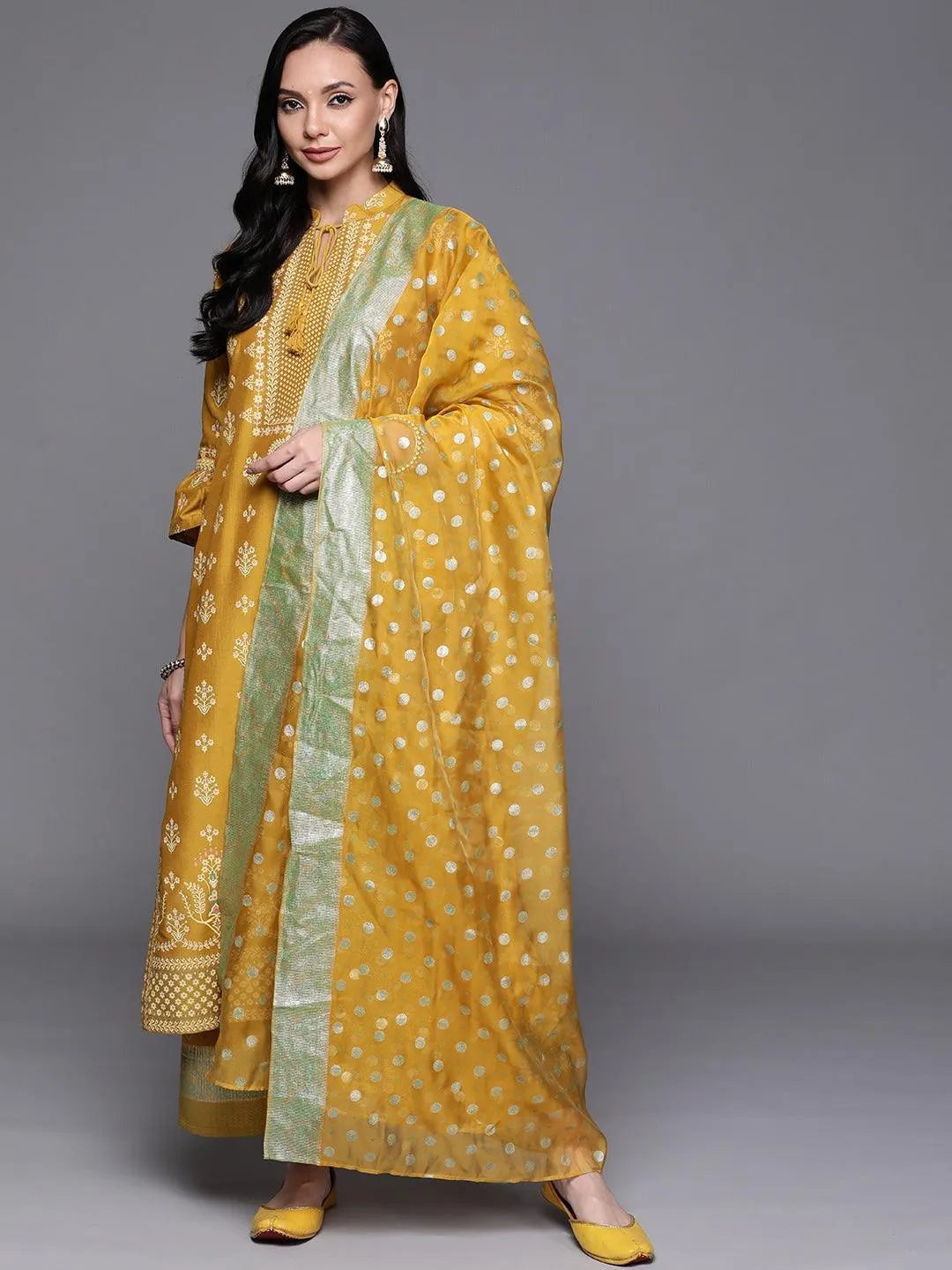 Yellow Printed Silk Blend Suit Set - Jashvi