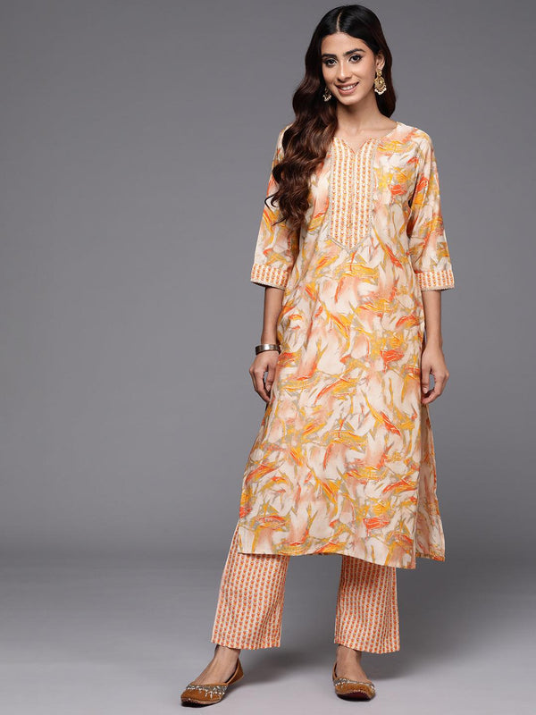 Yellow Printed Silk Blend Straight Kurta With Palazzos - Jashvi