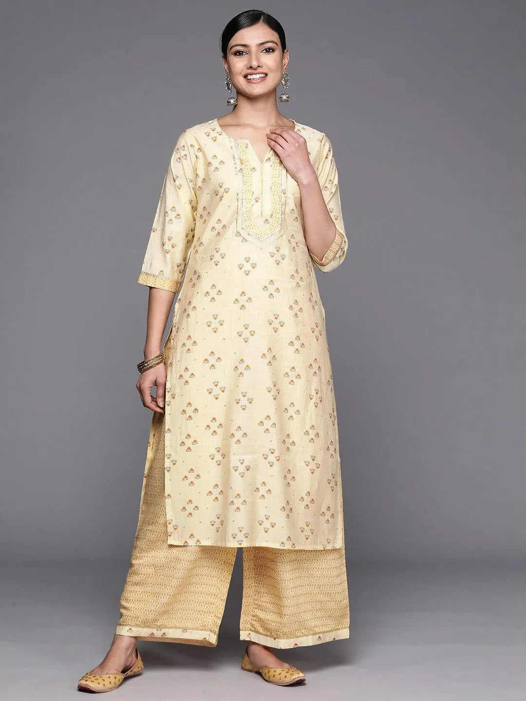 Yellow Printed Silk Blend Straight Kurta Set With Palazzos - Jashvi