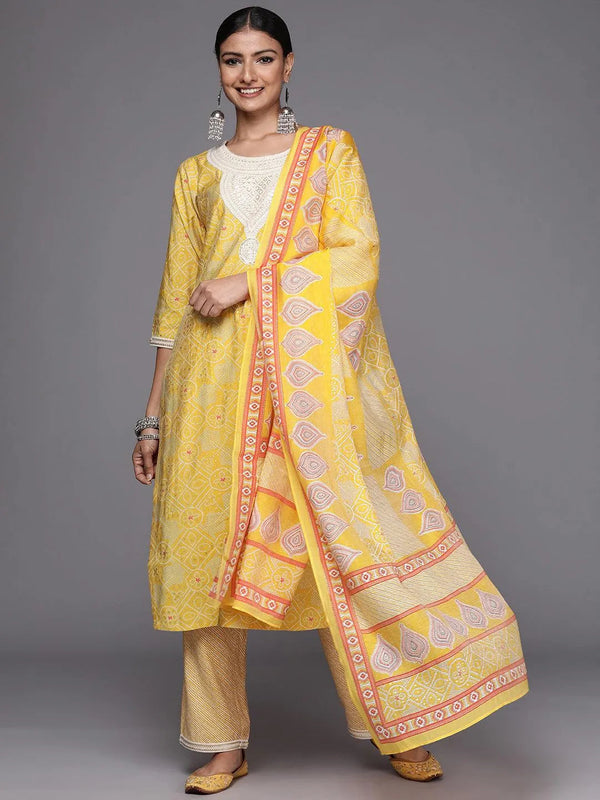 Yellow Printed Silk Blend Straight Suit Set - Jashvi