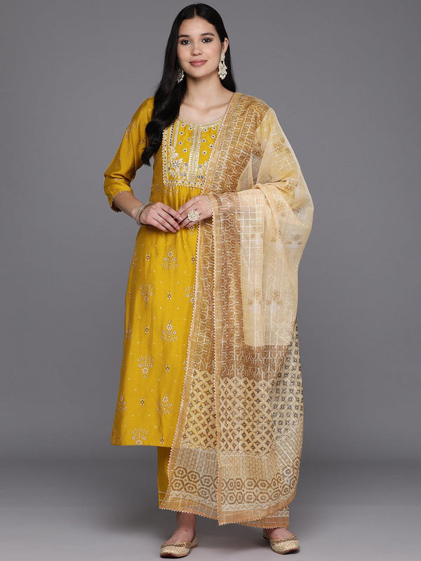 Yellow Printed Silk Blend Straight Kurta With Trousers & Dupatta - Jashvi