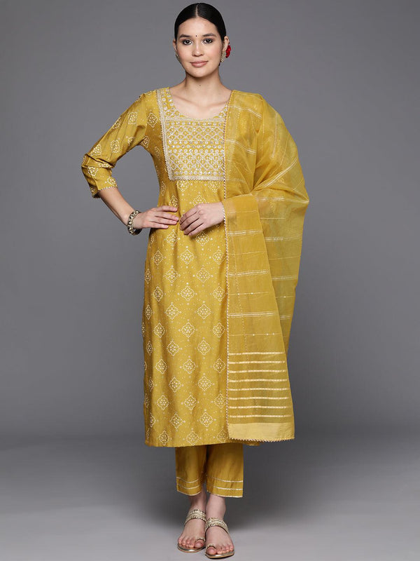 Yellow Printed Silk Blend Straight Kurta With Trousers & Dupatta - Jashvi