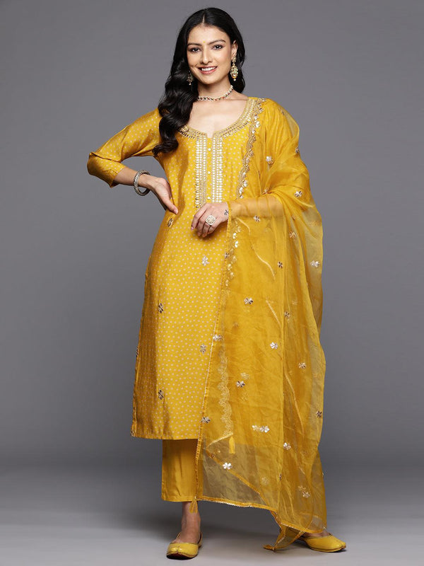 Yellow Printed Silk Blend Straight Kurta With Trousers & Dupatta - Jashvi