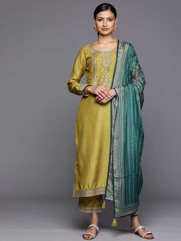 Yellow Printed Silk Blend Straight Kurta With Trousers & Dupatta - Jashvi