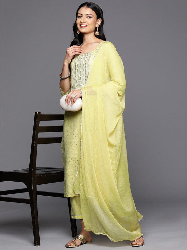 Yellow Printed Silk Blend Straight Kurta With Trousers & Dupatta - Jashvi