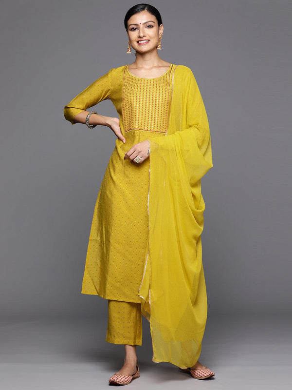 Yellow Printed Silk Blend Straight Kurta With Trousers & Dupatta - Jashvi