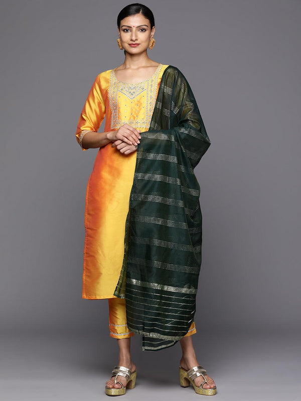 Yellow Printed Silk Blend Straight Kurta With Trousers & Dupatta - Jashvi