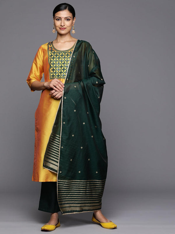 Yellow Printed Silk Blend Straight Kurta With Trousers & Dupatta - Jashvi