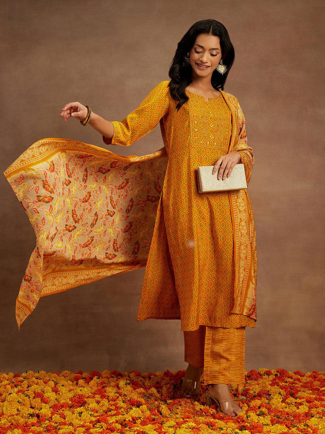 Yellow Printed Silk Blend Straight Kurta With Trousers & Dupatta - Jashvi