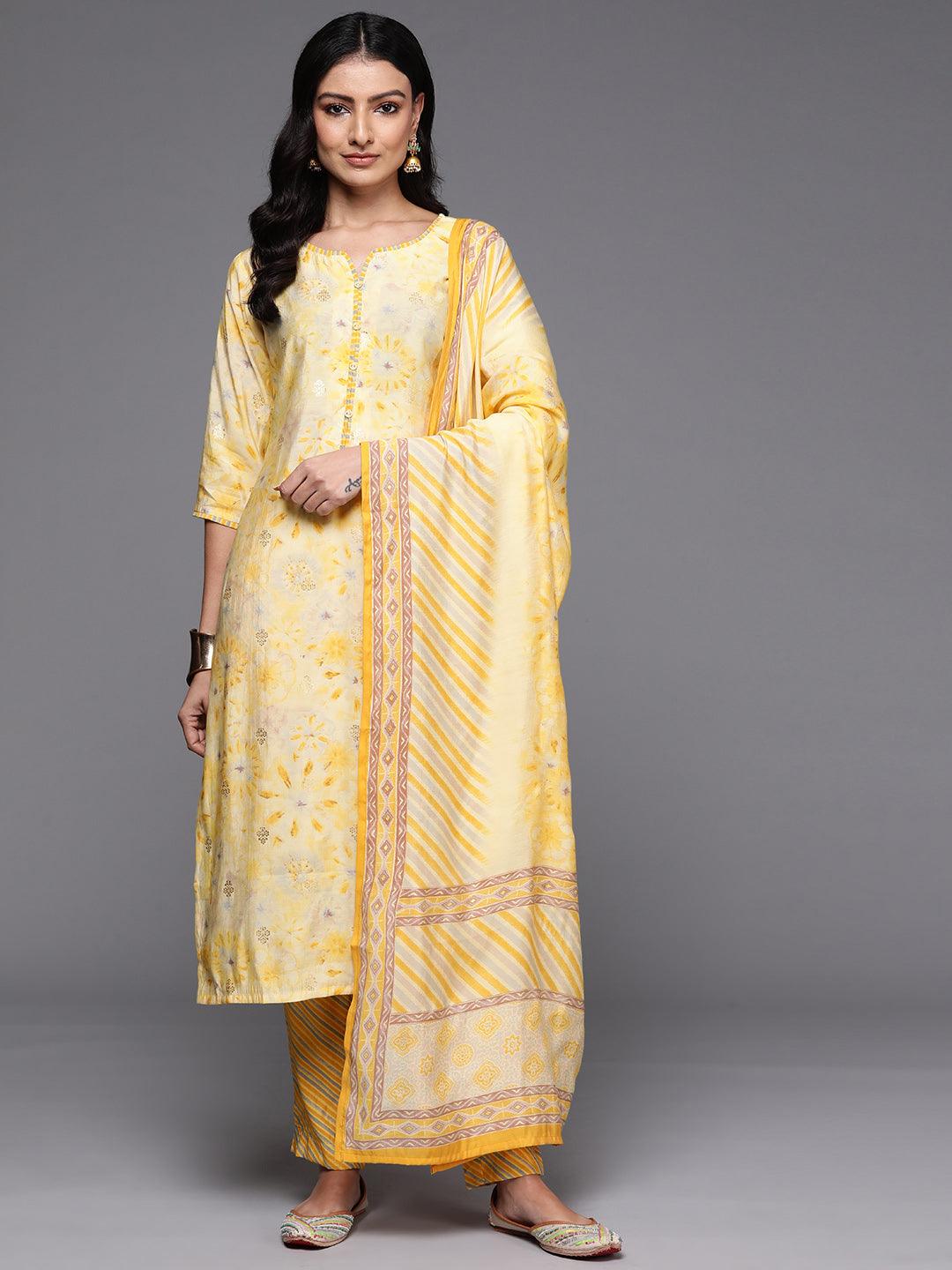 Yellow Printed Silk Blend Straight Kurta With Trousers & Dupatta - Jashvi