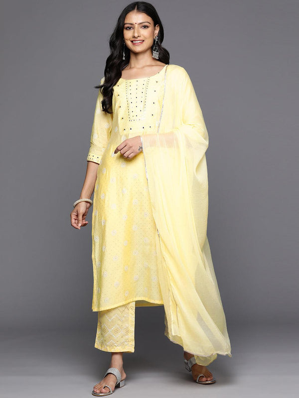 Yellow Printed Silk Blend Straight Kurta With Trousers & Dupatta - Jashvi