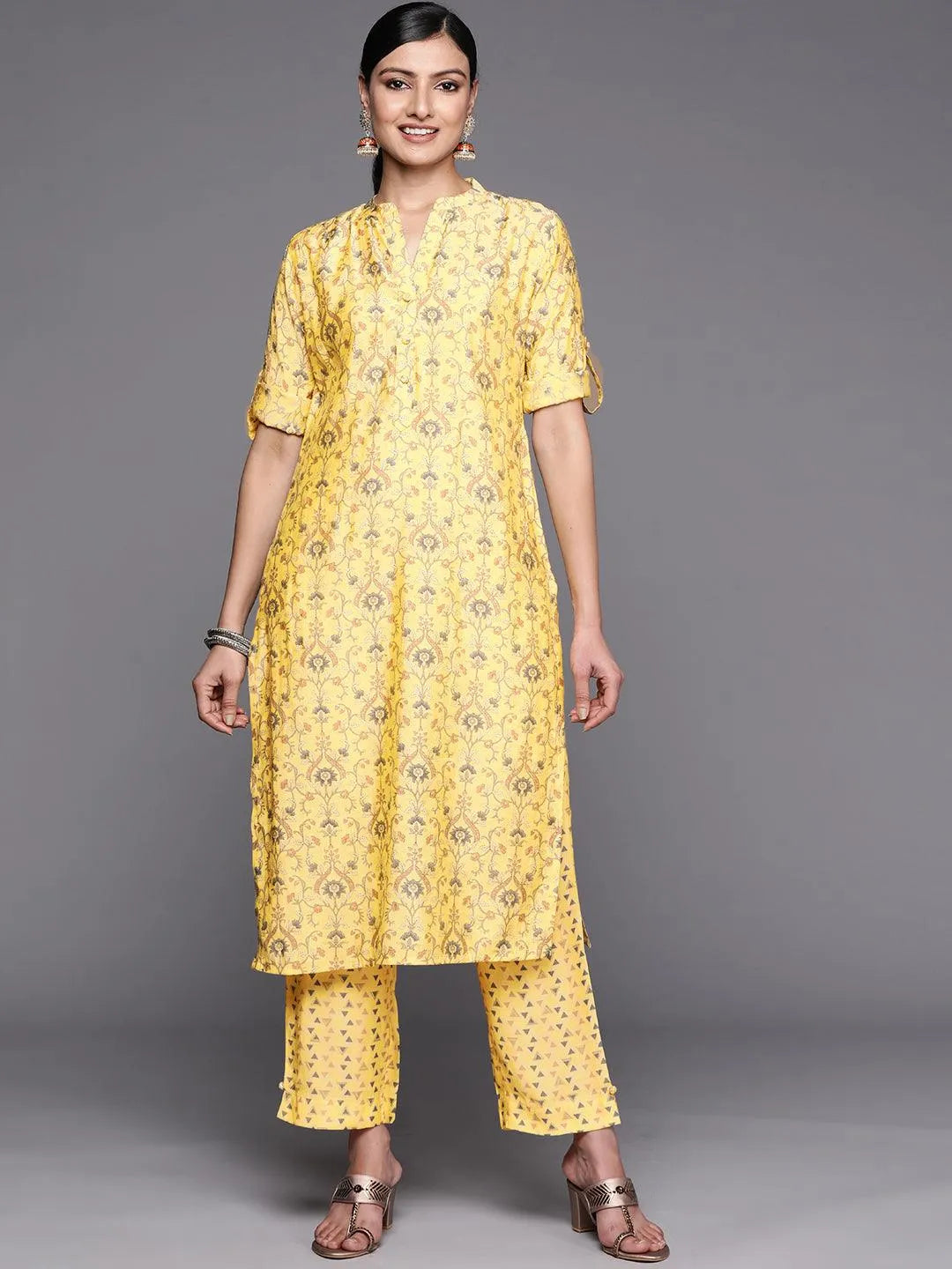 Yellow Printed Silk Blend Straight Kurta Set With Trousers - Jashvi