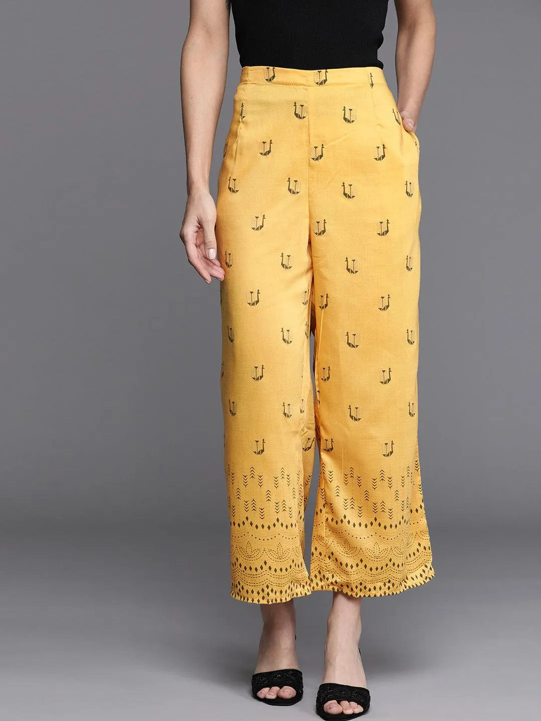 Yellow Printed Silk Palazzos - Jashvi