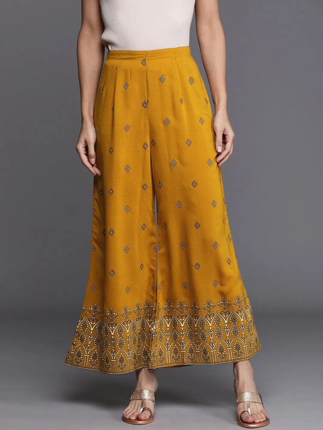 Yellow Printed Silk Palazzos - Jashvi