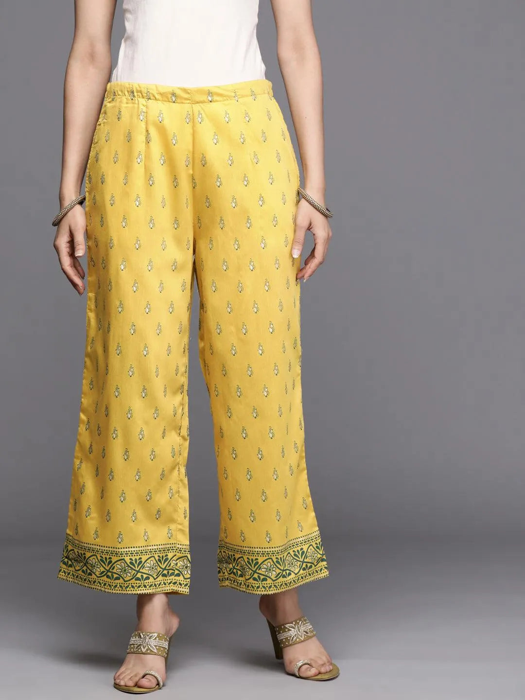 Yellow Printed Silk Palazzos - Jashvi