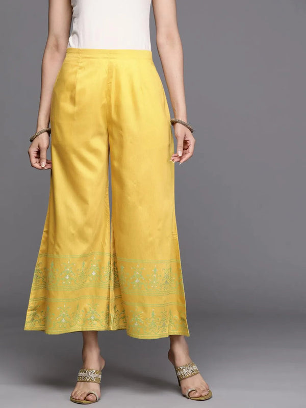 Yellow Printed Silk Palazzos - Jashvi