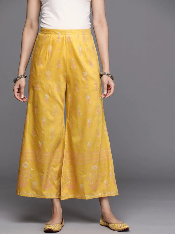 Yellow Printed Silk Palazzos - Jashvi