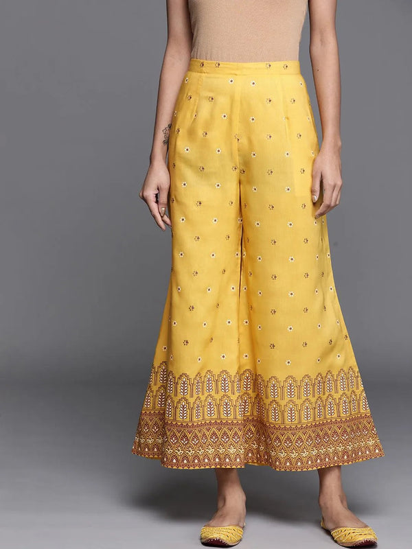 Yellow Printed Silk Palazzos - Jashvi