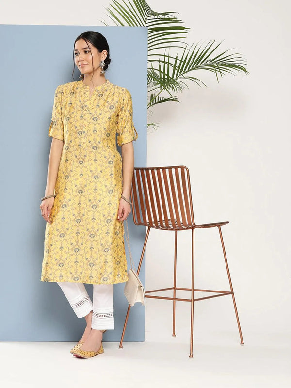 Yellow Printed Silk Straight Kurta - Jashvi