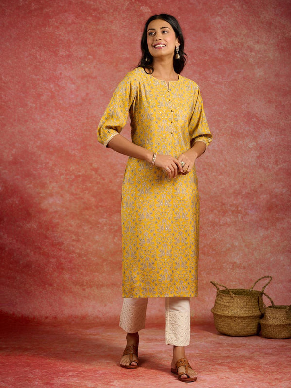 Yellow Printed Silk Straight Kurta - Jashvi