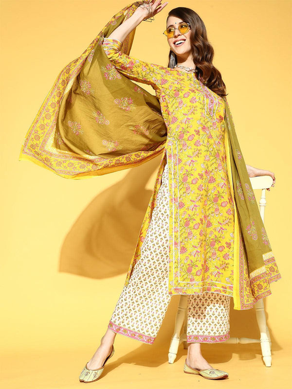 Women's Yellow Printed Straight Kurta Palazzo With Dupatta Set - Odette