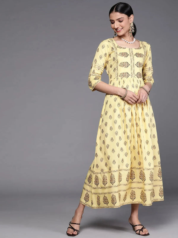 Yellow Printed Viscose Rayon Dress - Jashvi