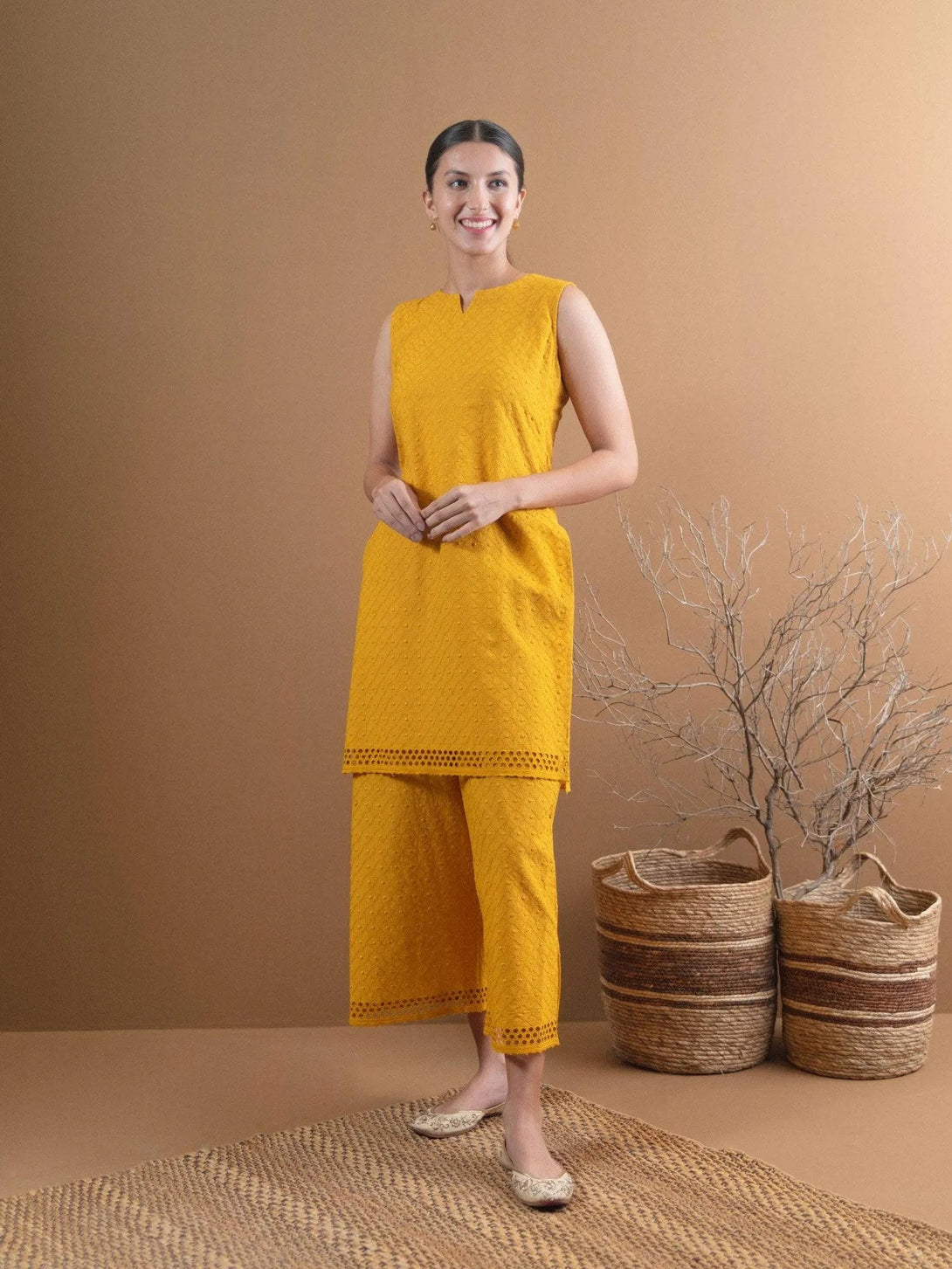 Yellow Schiffli Cotton Kurta Set - Jashvi