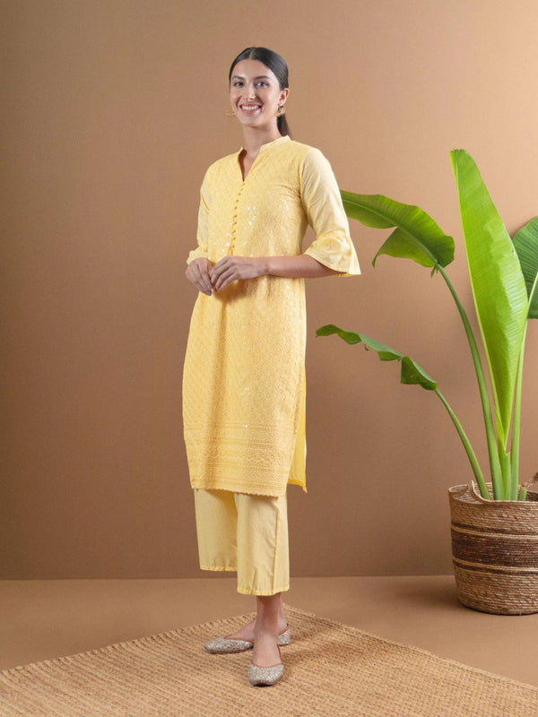 Yellow Schiffli Cotton Kurta Set - Jashvi