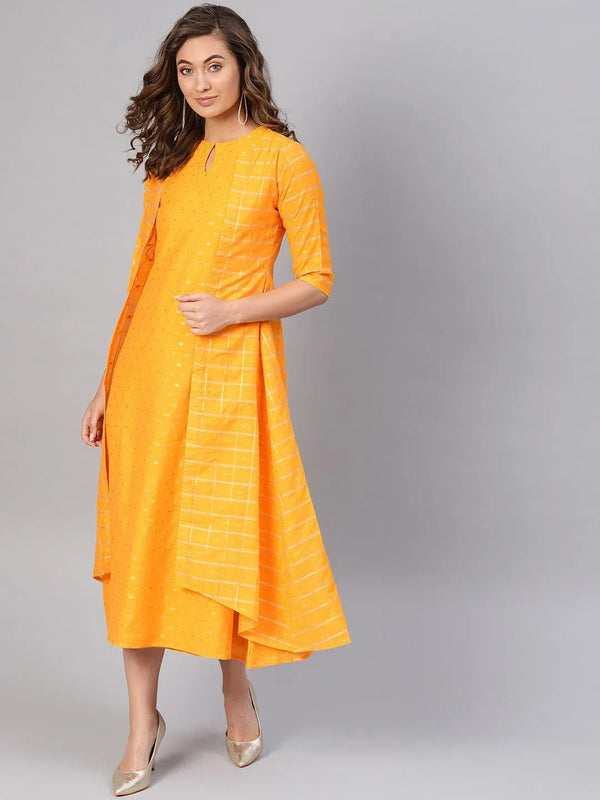 Yellow Self Design Chanderi Dress With Jacket - Jashvi