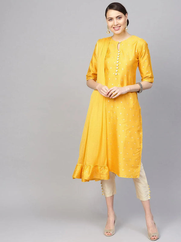 Yellow Self Design Chanderi Suit Set - Jashvi