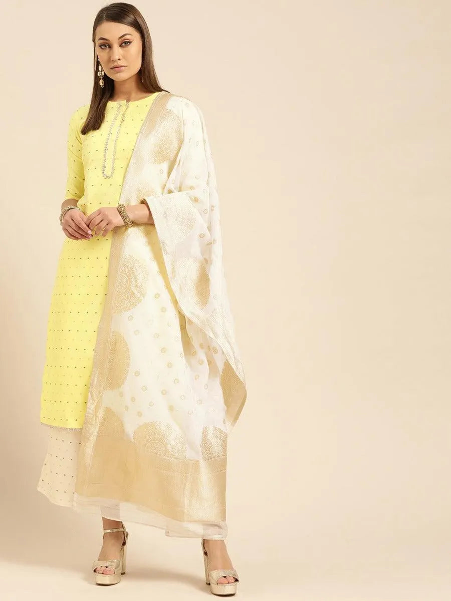 Yellow Self Design Chanderi Suit Set - Jashvi