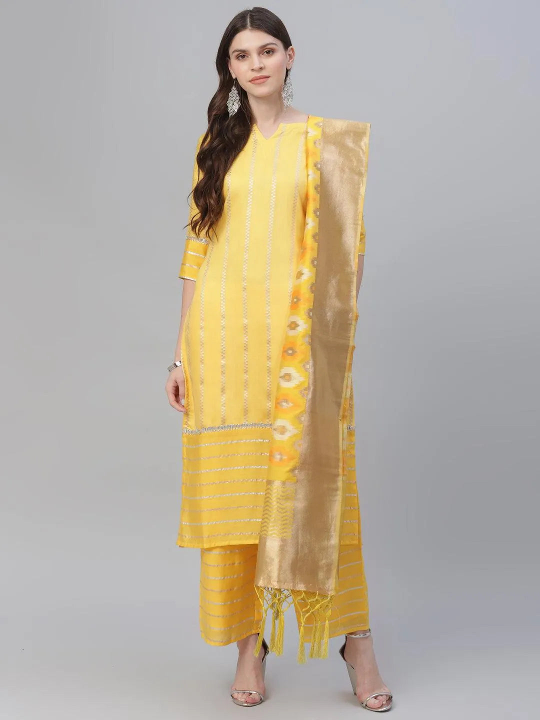 Yellow Self Design Chanderi Suit Set - Jashvi