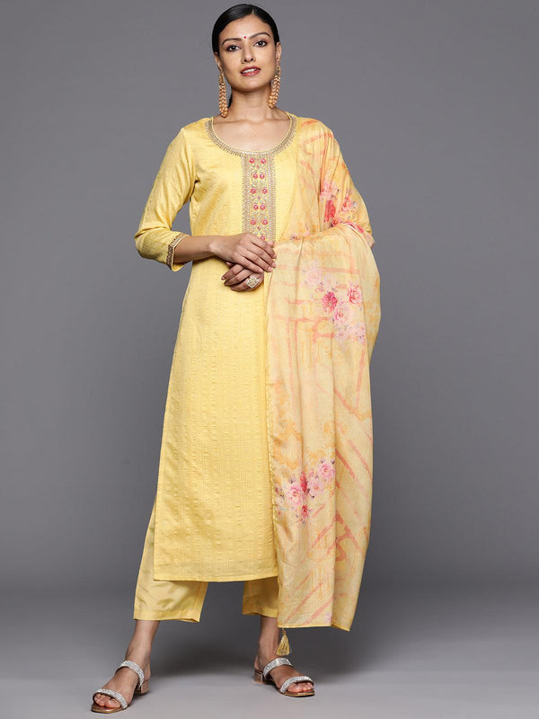 Yellow Self Design Rayon Straight Kurta With Trousers & Dupatta - Jashvi