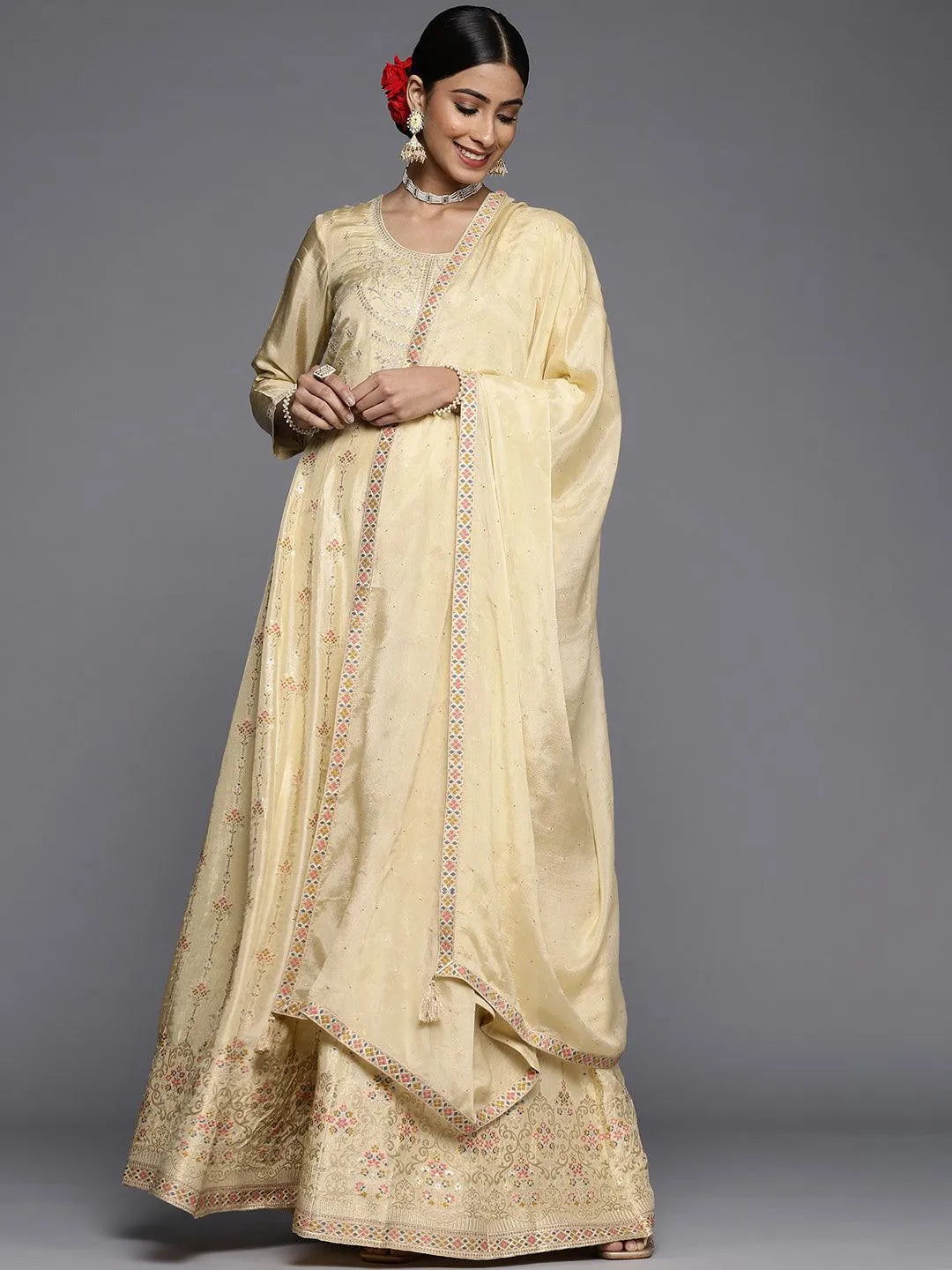 Yellow Self Design Silk Anarkali Suit Set - Jashvi