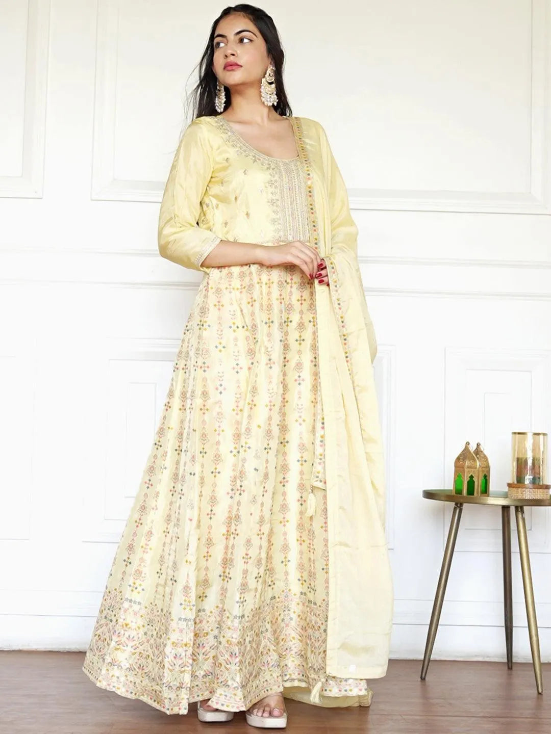 Yellow Self Design Silk Anarkali Kurta With Churidar & Dupatta - Jashvi