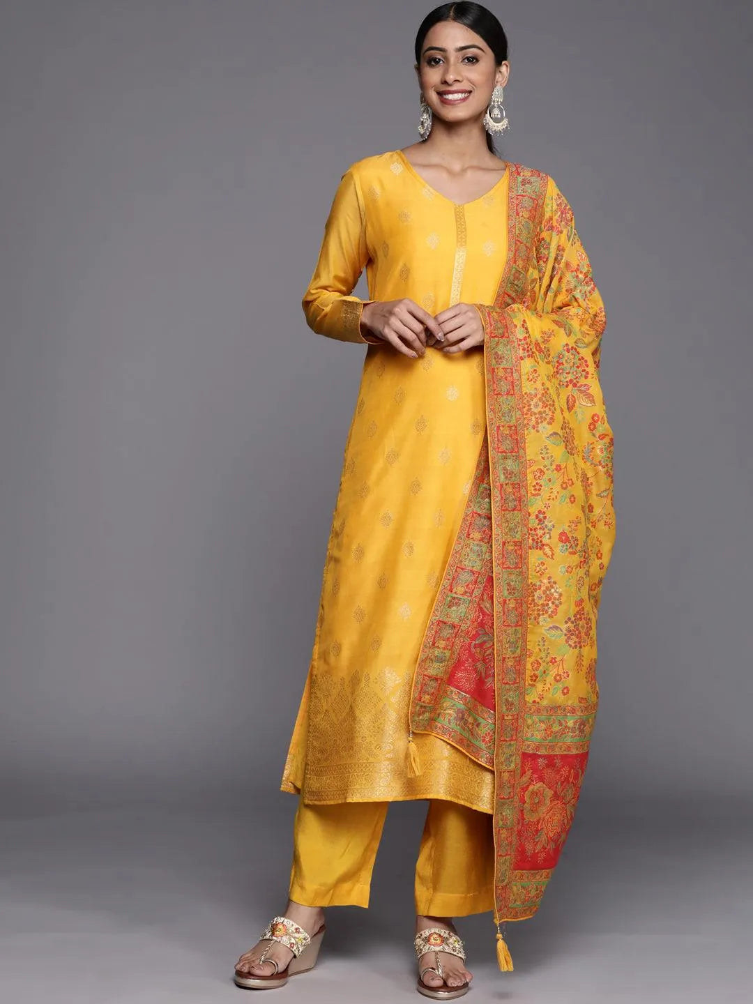 Yellow Self Design Silk Blend Straight Suit Set - Jashvi