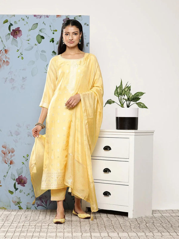 Yellow Self Design Silk Blend Suit Set With Trousers - Jashvi