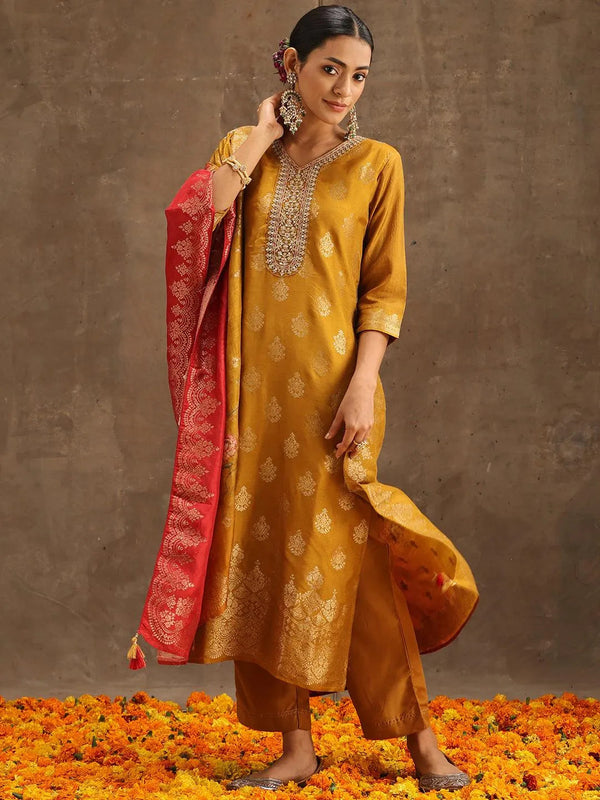 Yellow Self Design Silk Suit Set With Trousers - Jashvi