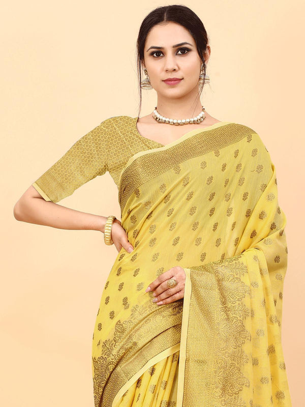 Women's Yellow Soft Cotton Slub Heavy Jari Wevon Designer Saree - Odette