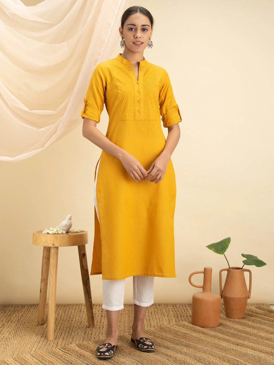 Yellow Solid Cotton Kurta - Jashvi