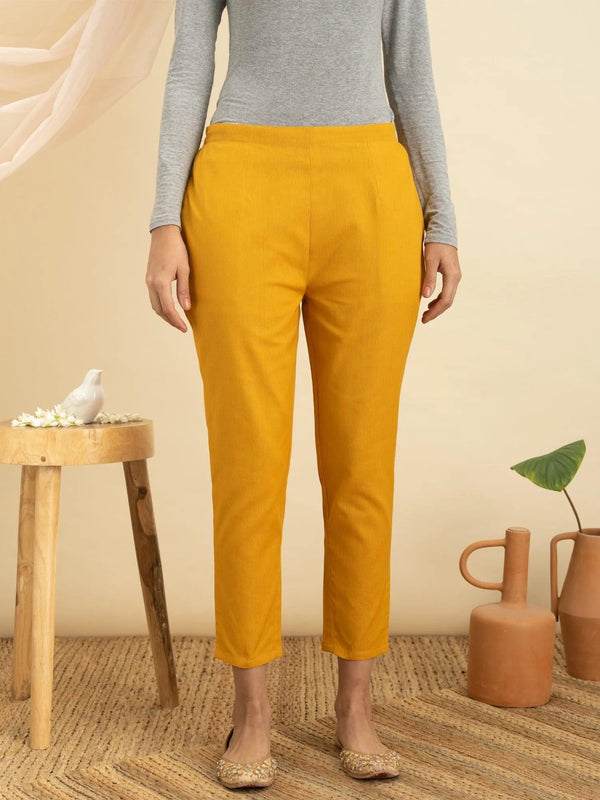 Yellow Solid Cotton Trousers - Jashvi